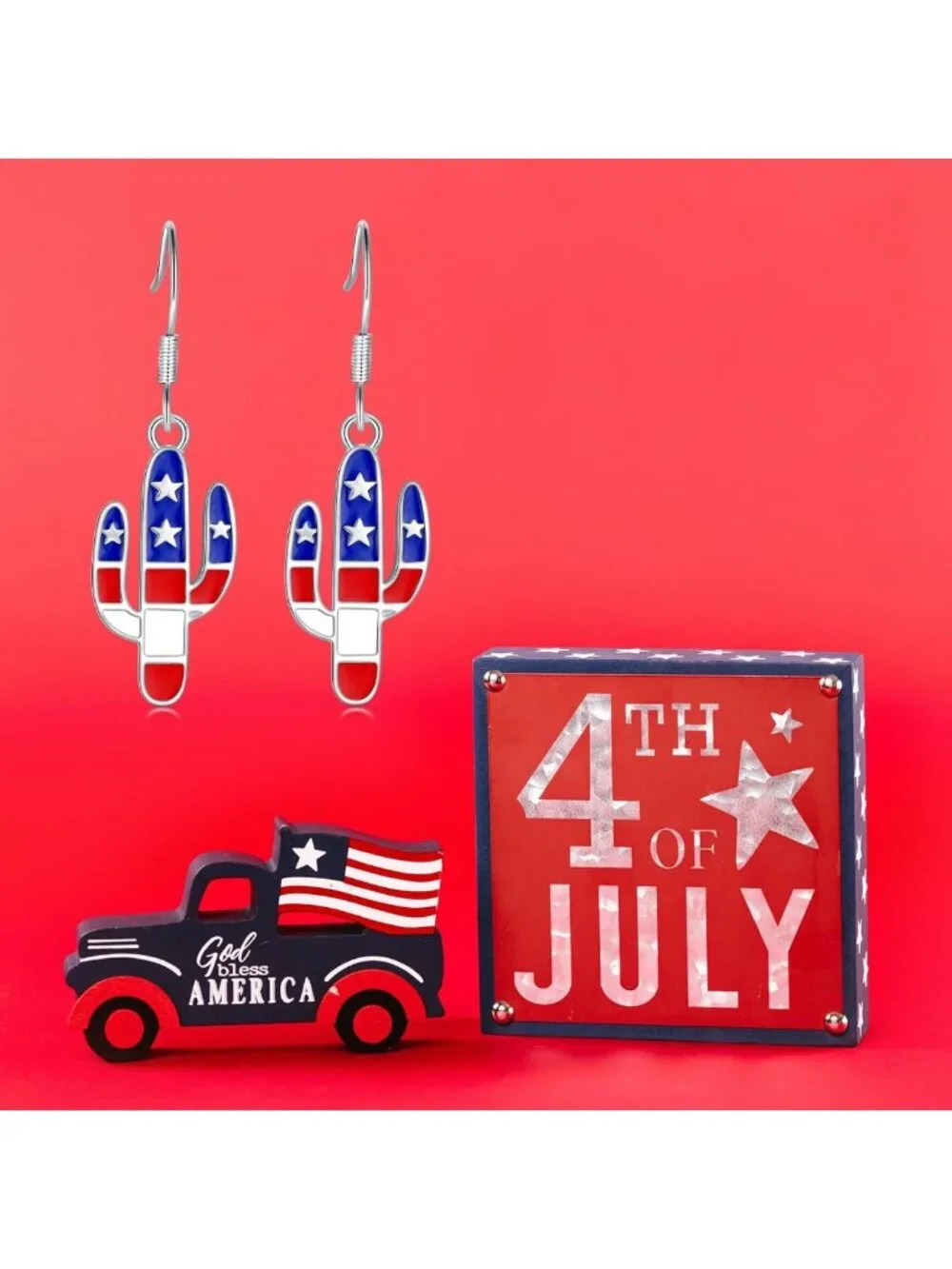 Sterling Silver American Flag Dangle Earrings - Patriotic Jewelry for Women, 4th